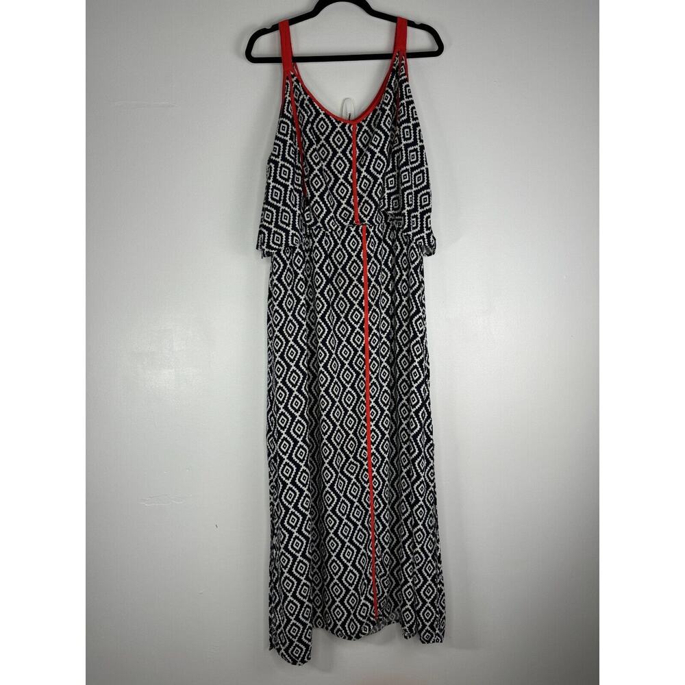Cato Argyle Geometric Print Maxi Dress Plus Size 22/24 Navy Blue  Red Side Slit